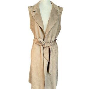 NWOT Zara Faux Suede Sleeveless Belted Long Trenchcoat Jacket Taupe/Tan